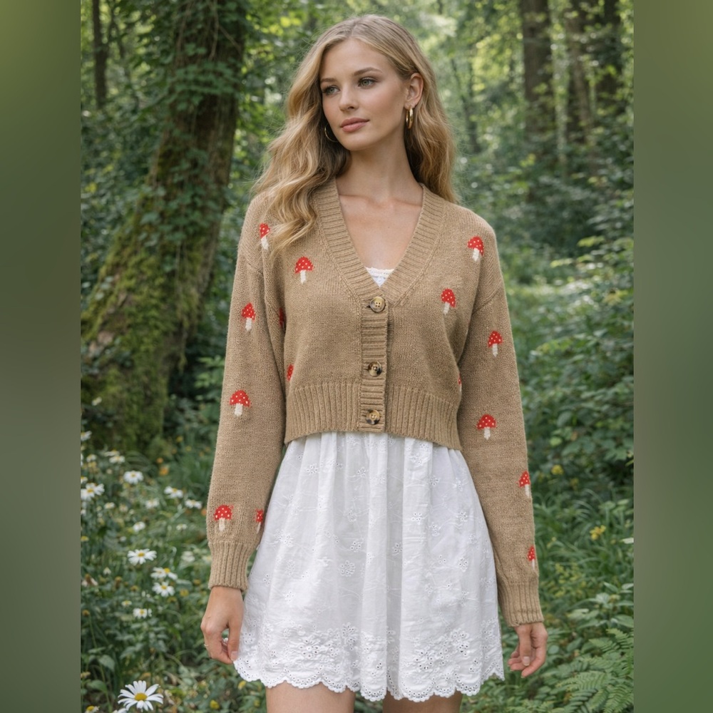 Hazel Moon Mushroom Cardigan Brown Cropped‎ Knit Cottagecore Naturecore Sz Small